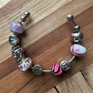 VTG Art Glass Slide Charms Open‎ Cuff Bangle Bracelet Silver Tone Adjustable